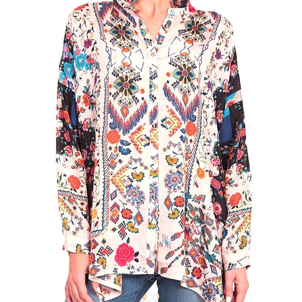 Johnny Was Miya Button Down Blouse, Silk, Sz L, EUC